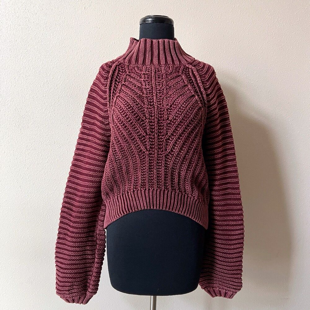Free People  Sweetheart Sweater Small Chunky Rib Mock Neck Slouch Garnet Grotto